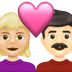 Bagaimana Couple with Heart: Woman, Man, Medium-Light Skin Tone, Light Skin Tone emoji terlihat di Emojipedia.