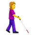 How Woman with White Cane Facing Right emoji looks on Emojipedia.