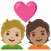 A quoi ressemblent les emoji Couple avec cœur : adulte, adulte, peau moyennement claire et peau légèrement mate sur Google.