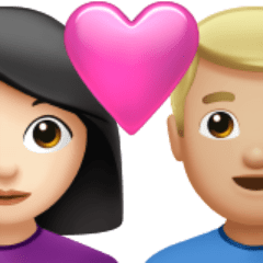 Come Coppia con cuore: donna, uomo, carnagione chiara e carnagione abbastanza chiara emoji appare su Apple.