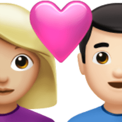 Bagaimana emoji Pasangan dengan simbol hati: perempuan, lelaki, ton kulit sederhana cerah dan ton kulit cerah kelihatan di Apple.