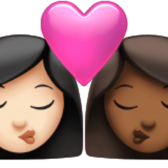 Como o emoji do Beijo: mulher, mulher, pele clara e pele morena escura é exibido no Apple.