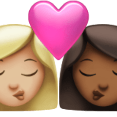 Bagaimana Berciuman: wanita, wanita, warna kulit cerah-sedang, warna kulit gelap-sedang emoji terlihat di Apple.