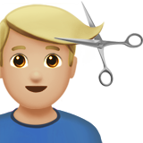 A quoi ressemblent les emoji Homme qui se fait couper les cheveux: peau moyennement claire sur Apple.