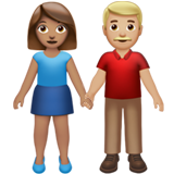 Come Uomo e donna che si tengono per mano: carnagione olivastra e carnagione abbastanza chiara emoji appare su Apple.