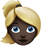 Hoe Vrouw met blond haar: donkere huidskleur emoji eruit ziet op Apple.