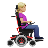 A quoi ressemblent les emoji Femme en fauteuil motorisé vers la droite: Peau moyennement claire sur Apple.