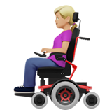 A quoi ressemblent les emoji Femme en fauteuil motorisé: peau moyennement claire sur Apple.