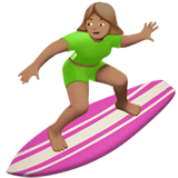 Cómo se ve el emoji Mujer haciendo surf: tono de piel medio en Apple.