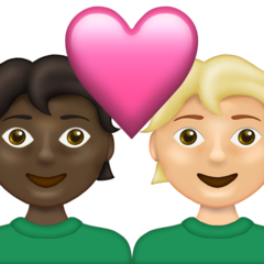 A quoi ressemblent les emoji Couple avec cœur : adulte, adulte, peau foncée et peau moyennement claire sur Emojipedia.