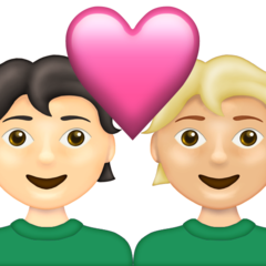 Come Coppia con cuore: persona, persona, carnagione chiara e carnagione abbastanza chiara emoji appare su Emojipedia.