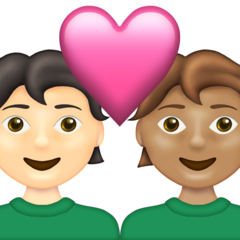 Bagaimana emoji Pasangan dengan simbol hati: dewasa, dewasa, ton kulit cerah dan ton kulit sederhana kelihatan di Emojipedia.