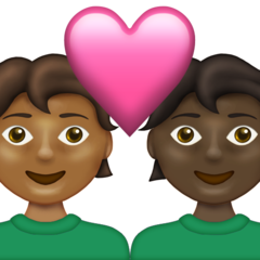 A quoi ressemblent les emoji Couple avec cœur : adulte, adulte, peau mate et peau foncée sur Emojipedia.