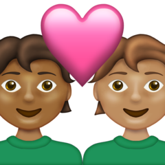 Come Coppia con cuore: persona, persona, carnagione abbastanza scura e carnagione olivastra emoji appare su Emojipedia.