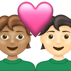 A quoi ressemblent les emoji Couple avec cœur : adulte, adulte, peau légèrement mate et peau claire sur Emojipedia.