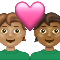 Come Coppia con cuore: persona, persona, carnagione olivastra e carnagione abbastanza scura emoji appare su Emojipedia.