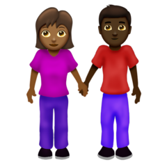 Hoe Man en vrouw hand in hand: donkergetinte huidskleur, donkere huidskleur emoji eruit ziet op Emojipedia.