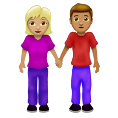 Hoe Man en vrouw hand in hand: lichtgetinte huidskleur, getinte huidskleur emoji eruit ziet op Emojipedia.