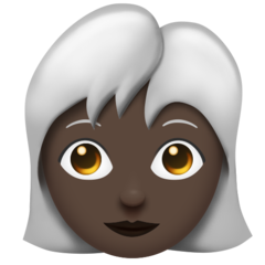 Cómo se ve el emoji Mujer: tono de piel oscuro y pelo blanco en Emojipedia.