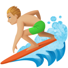 Cómo se ve el emoji Persona haciendo surf: tono de piel claro medio en Facebook.