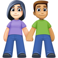 Hoe Man en vrouw hand in hand: lichte huidskleur, getinte huidskleur emoji eruit ziet op Facebook.