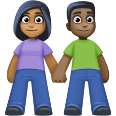 Hoe Man en vrouw hand in hand: donkergetinte huidskleur, donkere huidskleur emoji eruit ziet op Facebook.