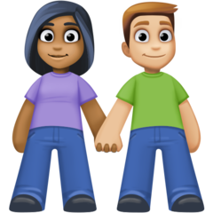 Hoe Man en vrouw hand in hand: donkergetinte huidskleur, lichtgetinte huidskleur emoji eruit ziet op Facebook.