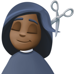 Bagaimana Woman Getting Haircut: Dark Skin Tone emoji terlihat di Facebook.