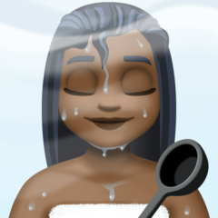 Cómo se ve el emoji Mujer en una sauna: tono de piel oscuro en Facebook.