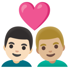 Bagaimana emoji Pasangan dengan simbol hati: lelaki, lelaki, ton kulit cerah dan ton kulit sederhana cerah kelihatan di Google.