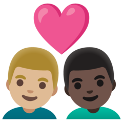 Bagaimana emoji Pasangan dengan simbol hati: lelaki, lelaki, ton kulit sederhana cerah dan ton kulit gelap kelihatan di Google.