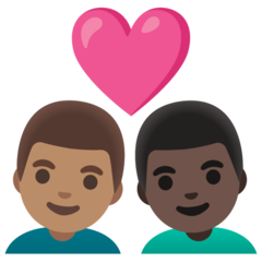 Bagaimana emoji Pasangan dengan simbol hati: lelaki, lelaki, ton kulit sederhana dan ton kulit gelap kelihatan di Google.