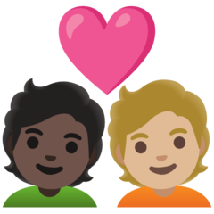 A quoi ressemblent les emoji Couple avec cœur : adulte, adulte, peau foncée et peau moyennement claire sur Google.