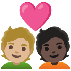 Bagaimana emoji Pasangan dengan simbol hati: dewasa, dewasa, ton kulit sederhana cerah dan ton kulit gelap kelihatan di Google.