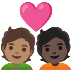 A quoi ressemblent les emoji Couple avec cœur : adulte, adulte, peau légèrement mate et peau foncée sur Google.