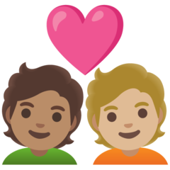 Bagaimana emoji Pasangan dengan simbol hati: dewasa, dewasa, ton kulit sederhana dan ton kulit sederhana cerah kelihatan di Google.