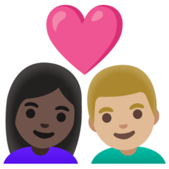 Come Coppia con cuore: donna, uomo, carnagione scura e carnagione abbastanza chiara emoji appare su Google.