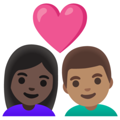 Bagaimana Pasangan dengan hati: wanita, pria, warna kulit gelap, warna kulit sedang emoji terlihat di Google.