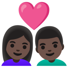 Bagaimana emoji Pasangan dengan simbol hati: perempuan, lelaki dan ton kulit gelap kelihatan di Google.