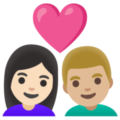 Come Coppia con cuore: donna, uomo, carnagione chiara e carnagione abbastanza chiara emoji appare su Google.