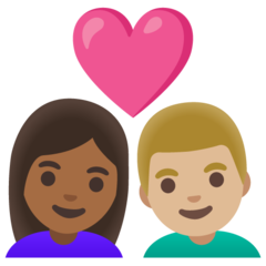 Bagaimana Pasangan dengan hati: wanita, pria, warna kulit gelap-sedang, warna kulit cerah-sedang emoji terlihat di Google.