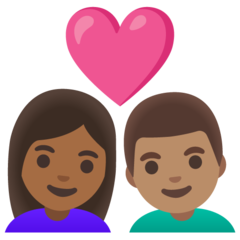 Bagaimana Pasangan dengan hati: wanita, pria, warna kulit gelap-sedang, warna kulit sedang emoji terlihat di Google.