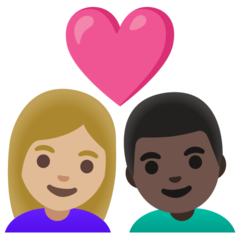 Come Coppia con cuore: donna, uomo, carnagione abbastanza chiara e carnagione scura emoji appare su Google.