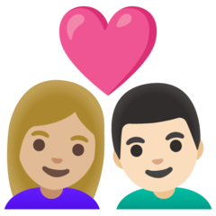 Bagaimana emoji Pasangan dengan simbol hati: perempuan, lelaki, ton kulit sederhana cerah dan ton kulit cerah kelihatan di Google.