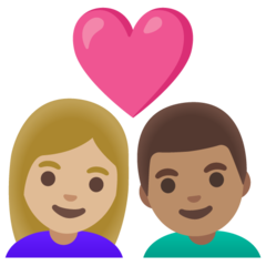 Come Coppia con cuore: donna, uomo, carnagione abbastanza chiara e carnagione olivastra emoji appare su Google.