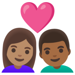 Bagaimana Pasangan dengan hati: wanita, pria, warna kulit sedang, warna kulit gelap-sedang emoji terlihat di Google.