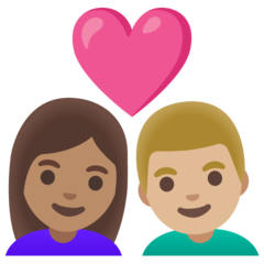 A quoi ressemblent les emoji Couple avec cœur : femme, homme, peau légèrement mate et peau moyennement claire sur Google.