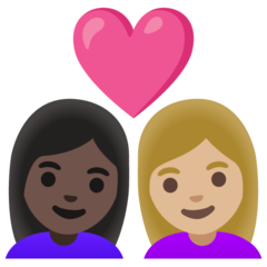 Bagaimana emoji Pasangan dengan simbol hati: perempuan, perempuan, ton kulit gelap dan ton kulit sederhana cerah kelihatan di Google.