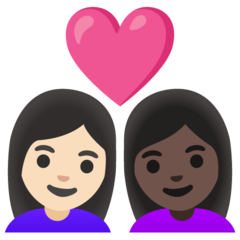 Hoe Stel met hart: vrouw, vrouw, lichte huidskleur, donkere huidskleur emoji eruit ziet op Google.