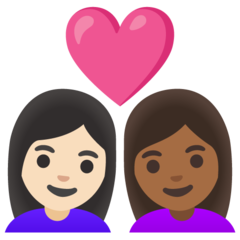 A quoi ressemblent les emoji Couple avec cœur : femme, femme, peau claire et peau mate sur Google.